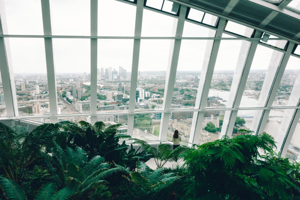 Woman looking at view of London from Sky Garden