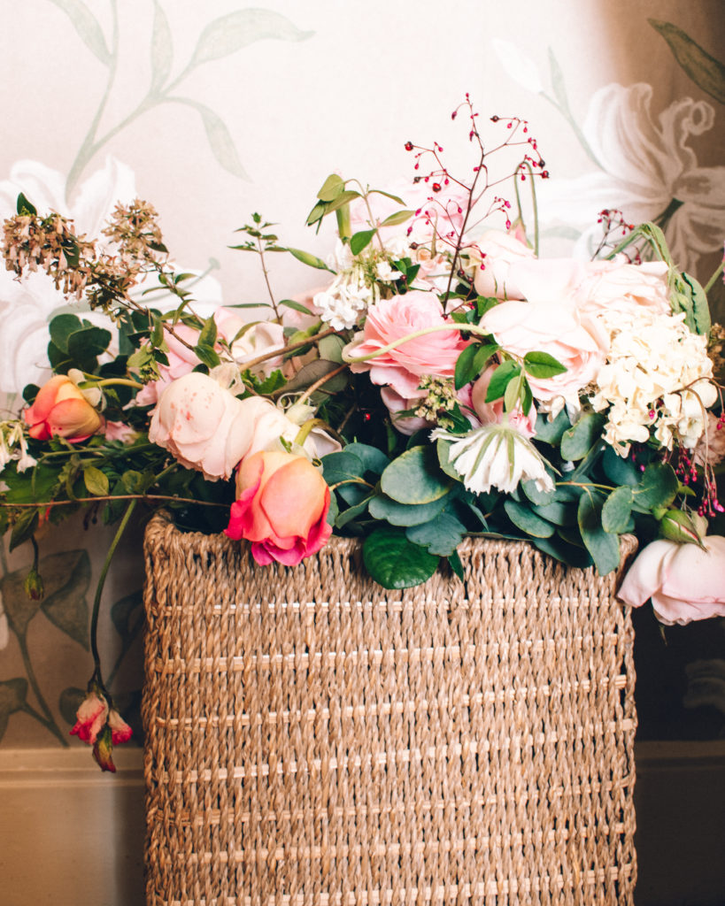 Bouquet of flowers in a woven basket