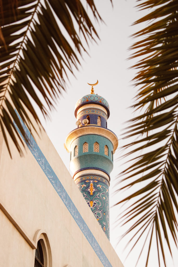 Tiled minaret of the mosque on Muttrah Corniche 