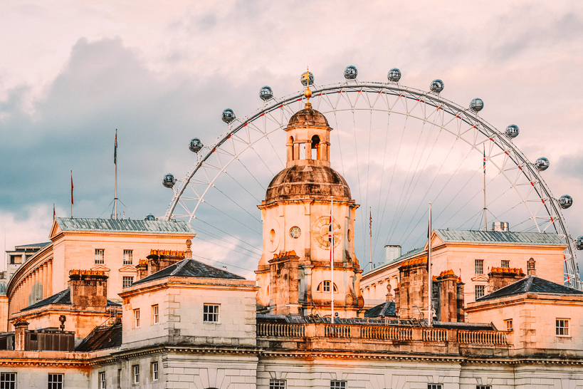 Sunset skies over Horse Guards Parade and London Eye
