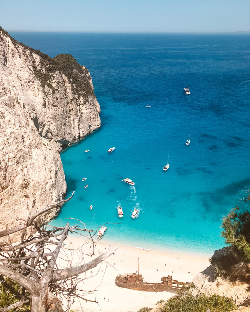 View of Navagio shipwreck from hiking path above the beach