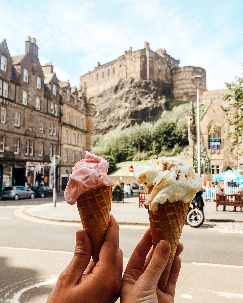 Edinburgh foodie - Giant ice creams from Mary's Milk Bar in front of Edinburgh Castle