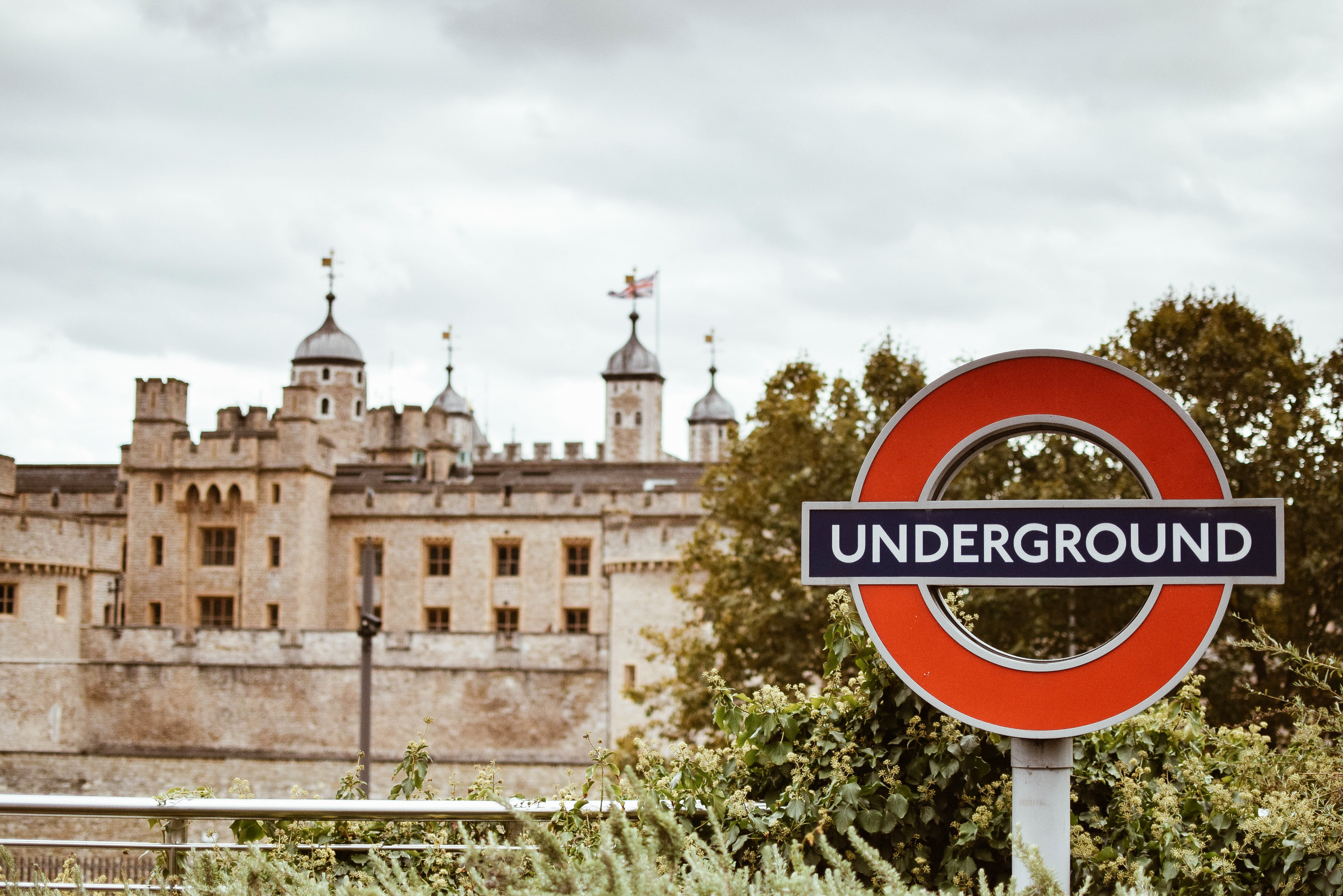 London Underground sign in front of the Tower of London