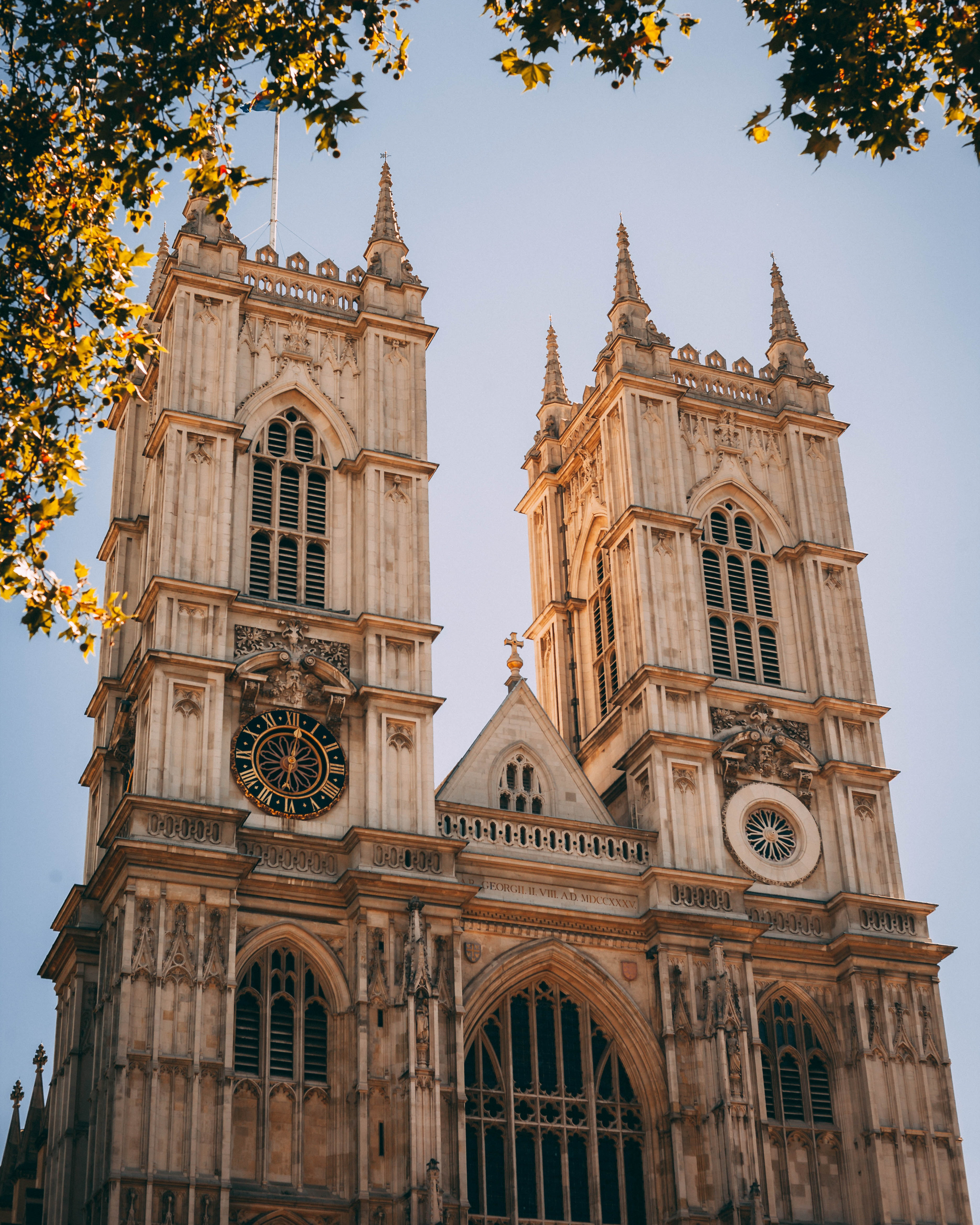 Westminster Abbey facade in golden sunlight