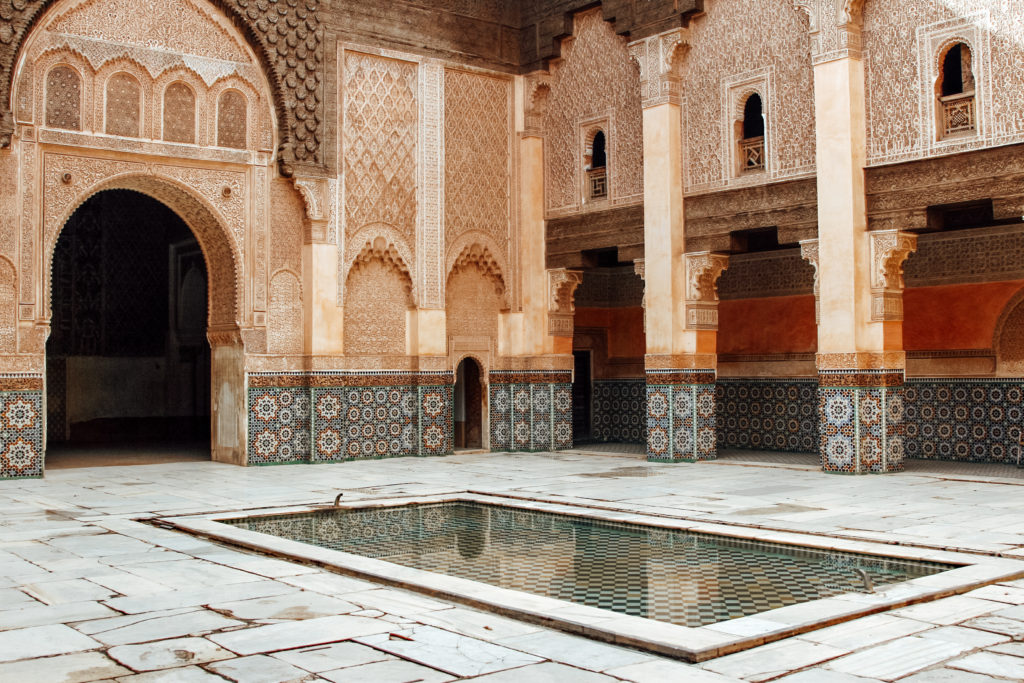 Courtyard with small pool in the middle at Ben Youseef Mosque, Marrakesh
