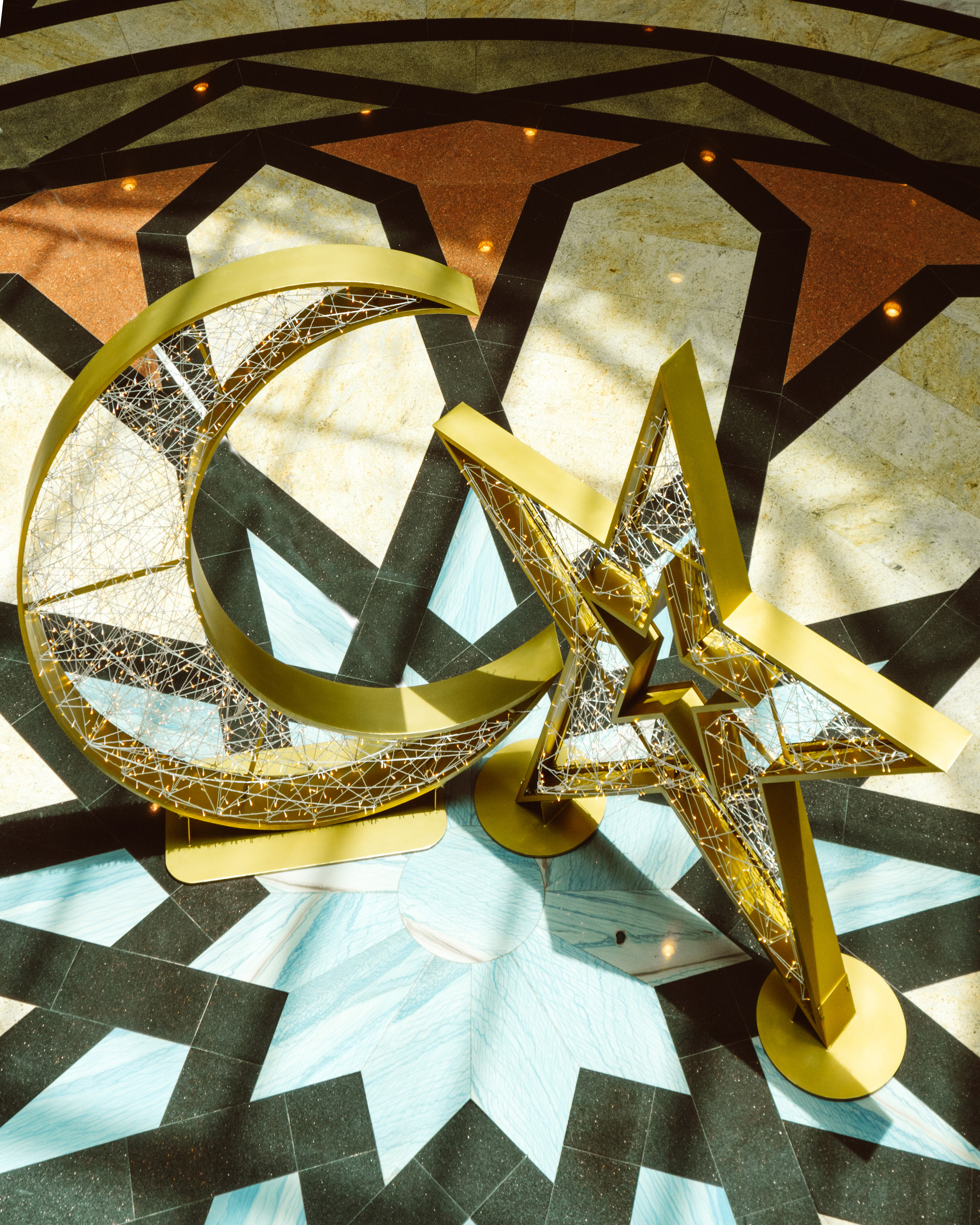 Crescent moon and stars Ramadan decorations in a Muscat shopping mall