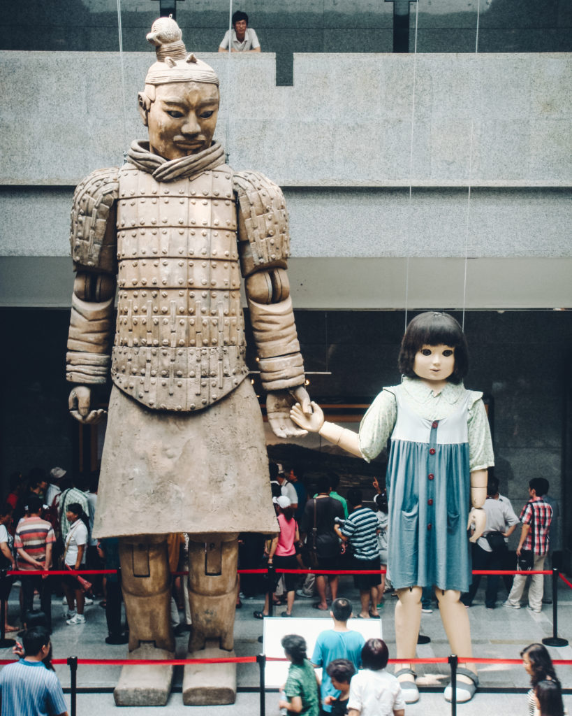 Terracotta Warrior with small model girl installation 