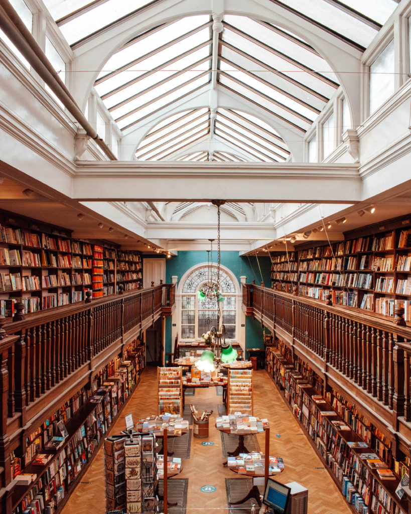 Literary London - view down the central Brookline aisle of Daunt Books