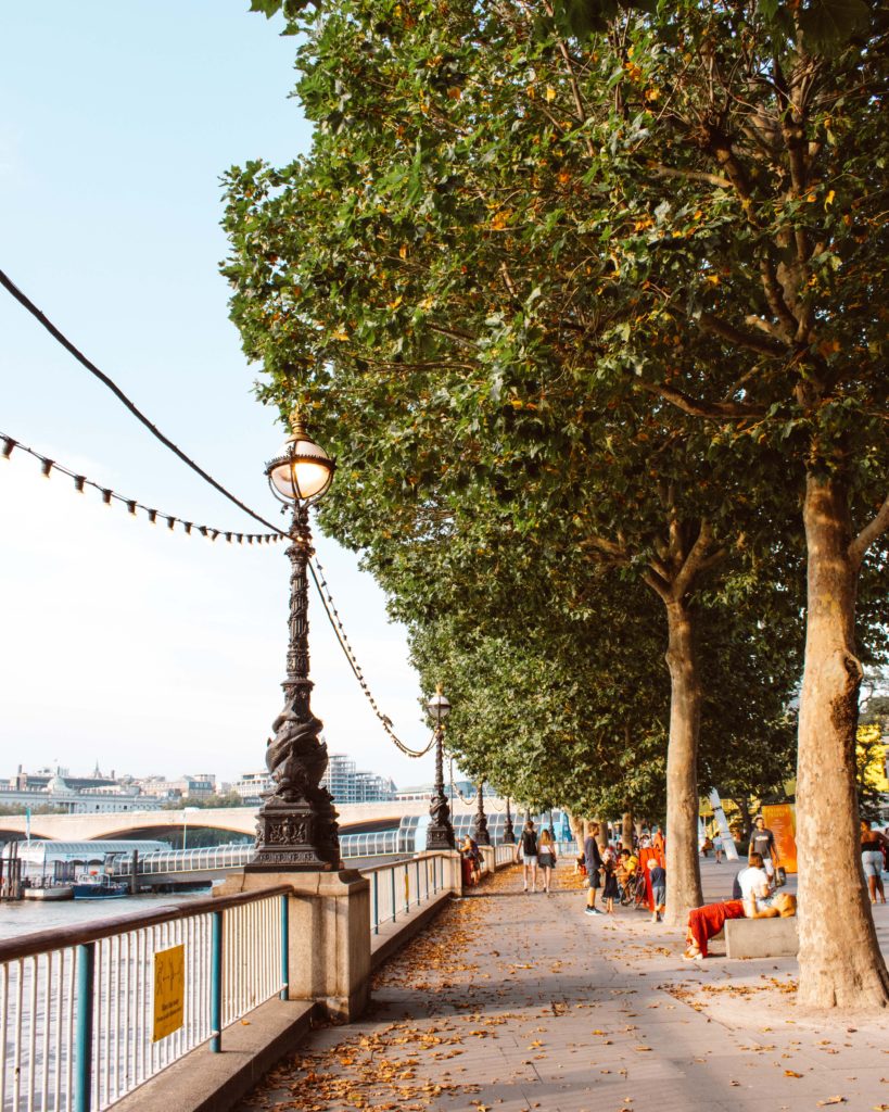 Walkway along London's Southbank in early summer evening 
