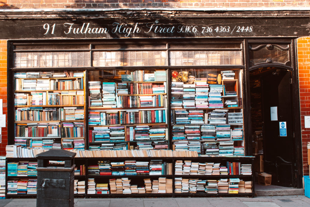 Literary London: Book covered frontage of Hurlingham Books, Fulham