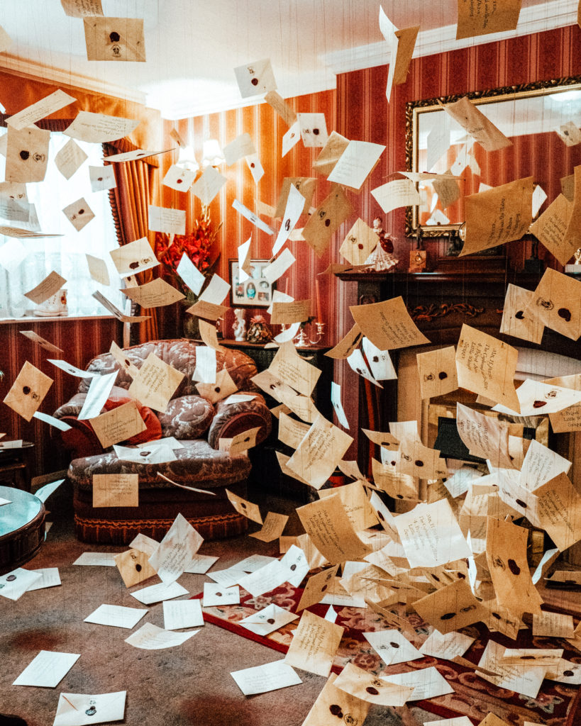 Literary London - falling letters in Harry Potter's living room at House of Mina Lima