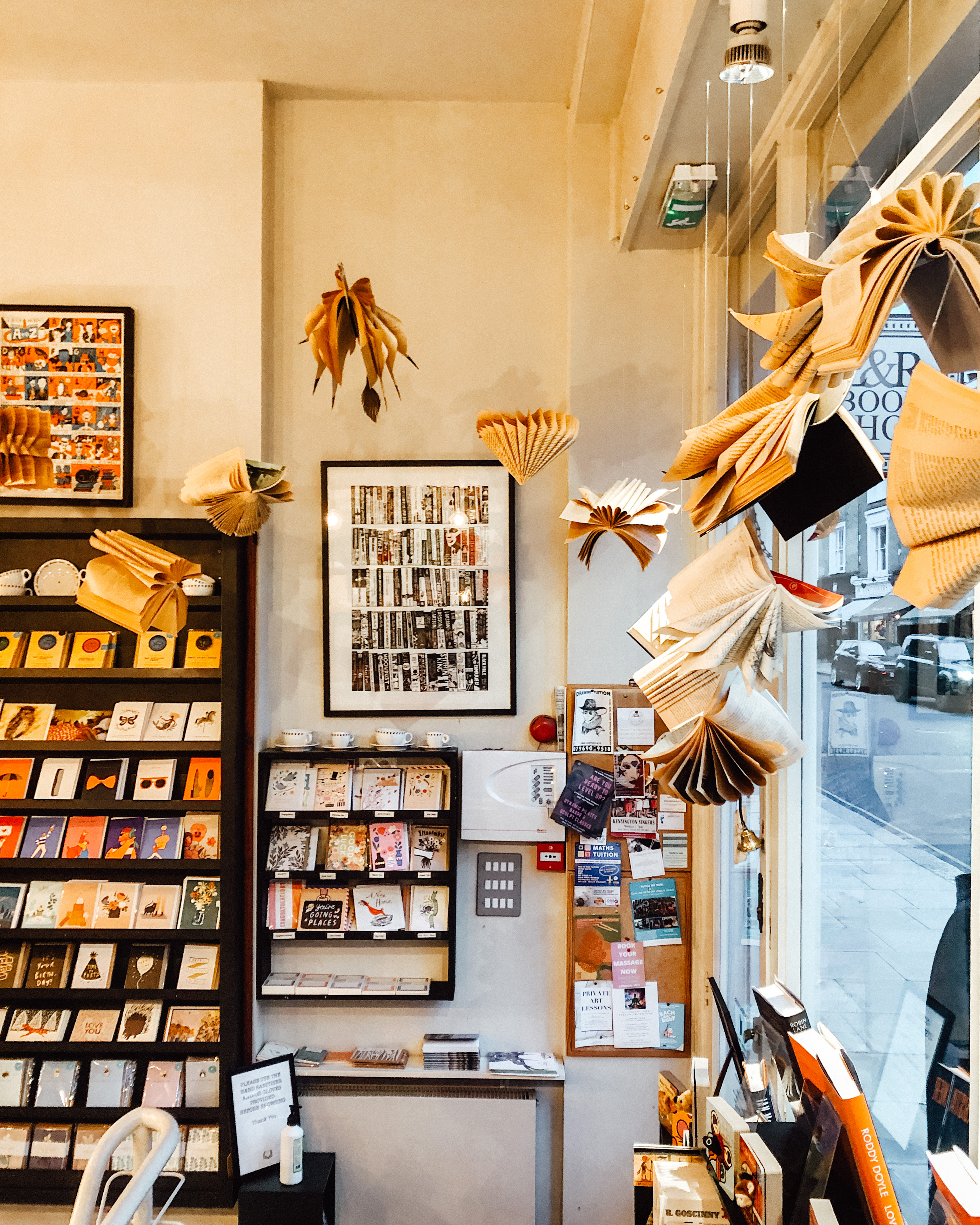 Books hanging from the ceiling of Lutyens and Rubinstein bookshop