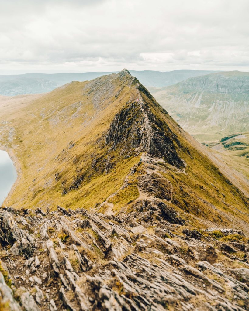 Looking back down the rocky scramble of Striding Edge on Helvellyn