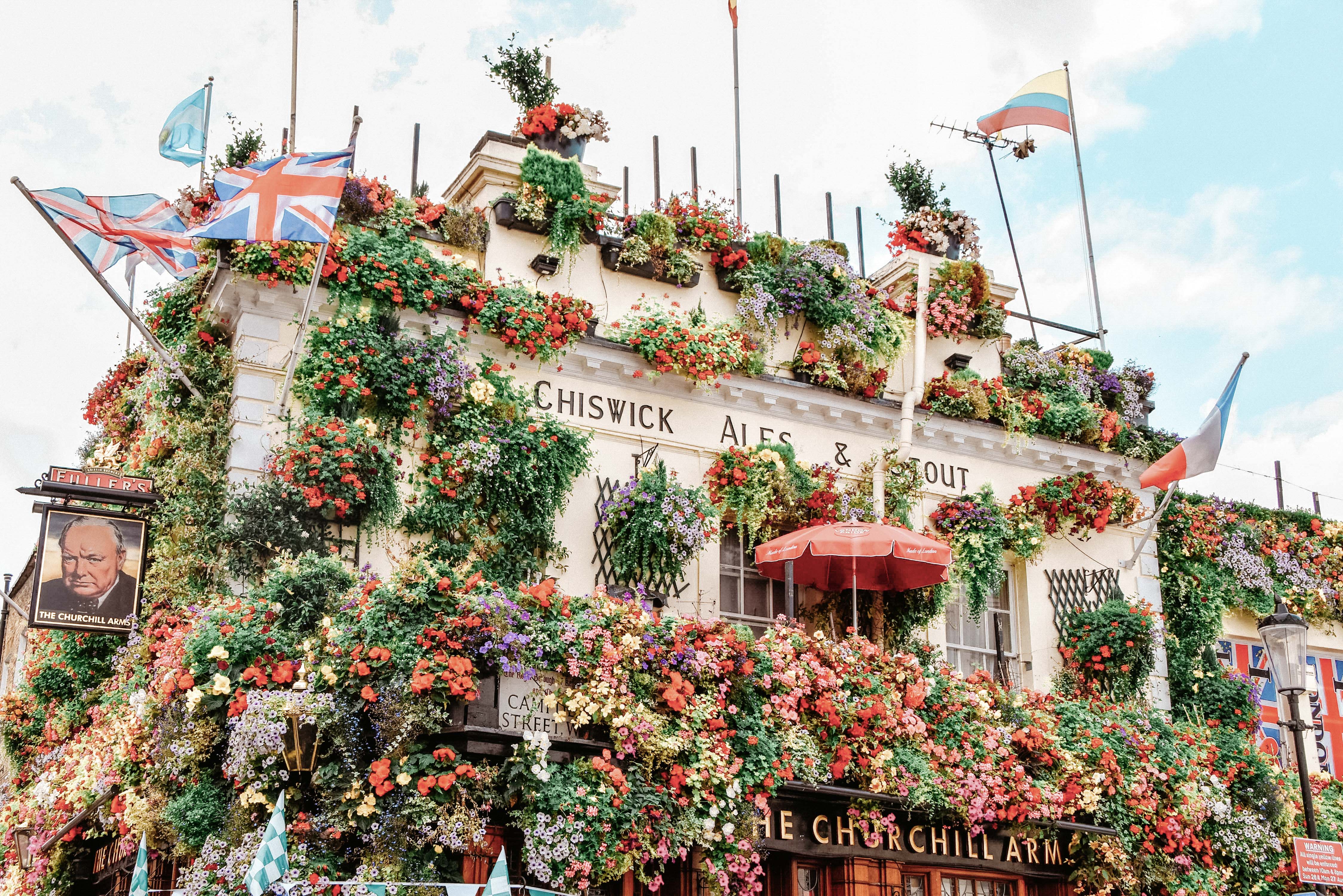 London's prettiest pub? Flower covered facade of the Churchill Arms