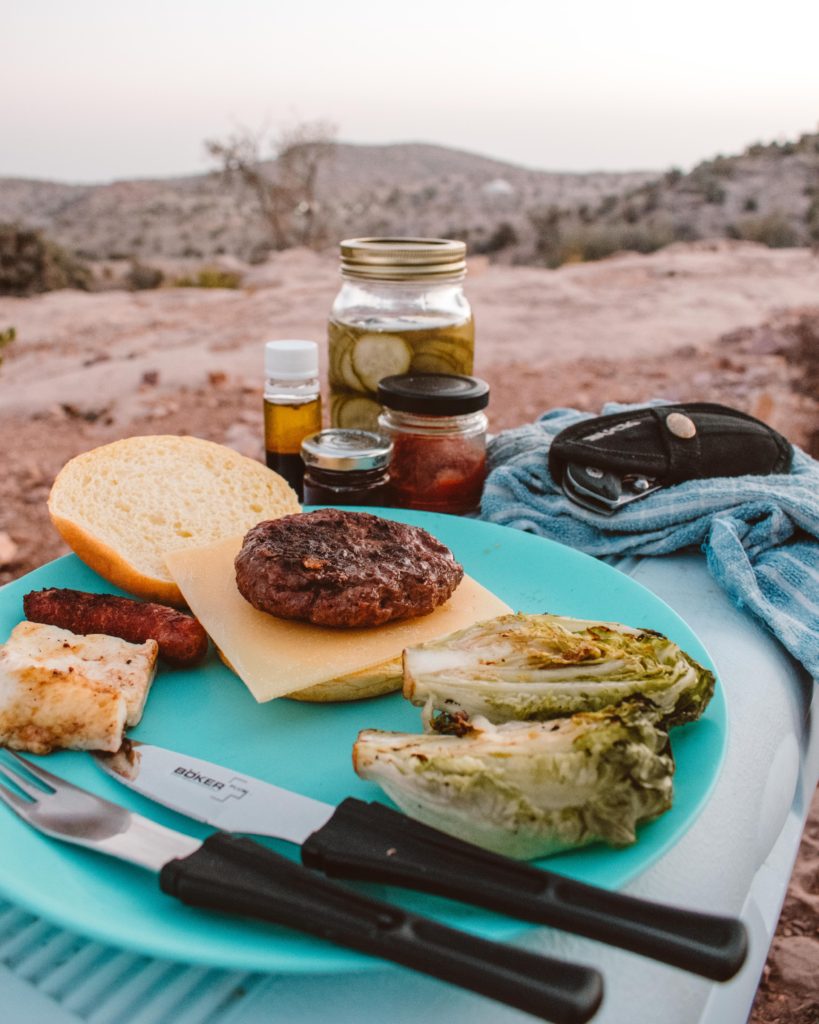 BBQ burger dinner whilst camping on Jebel Akhdar