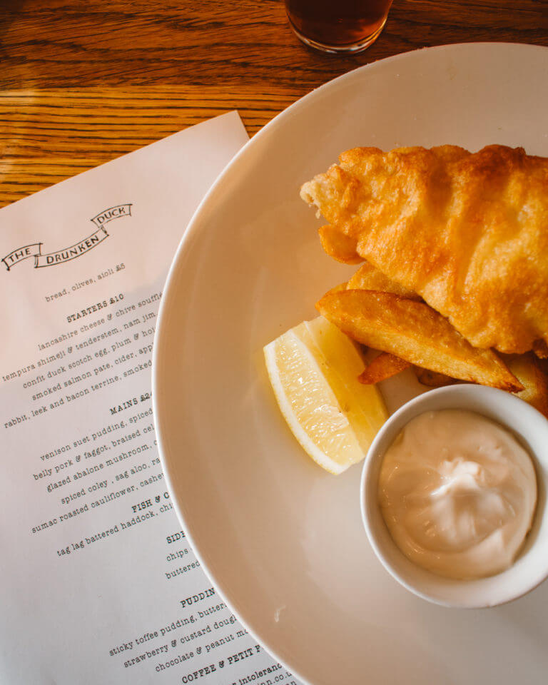 Fish and Chips at the Drunken Duck, Lake District