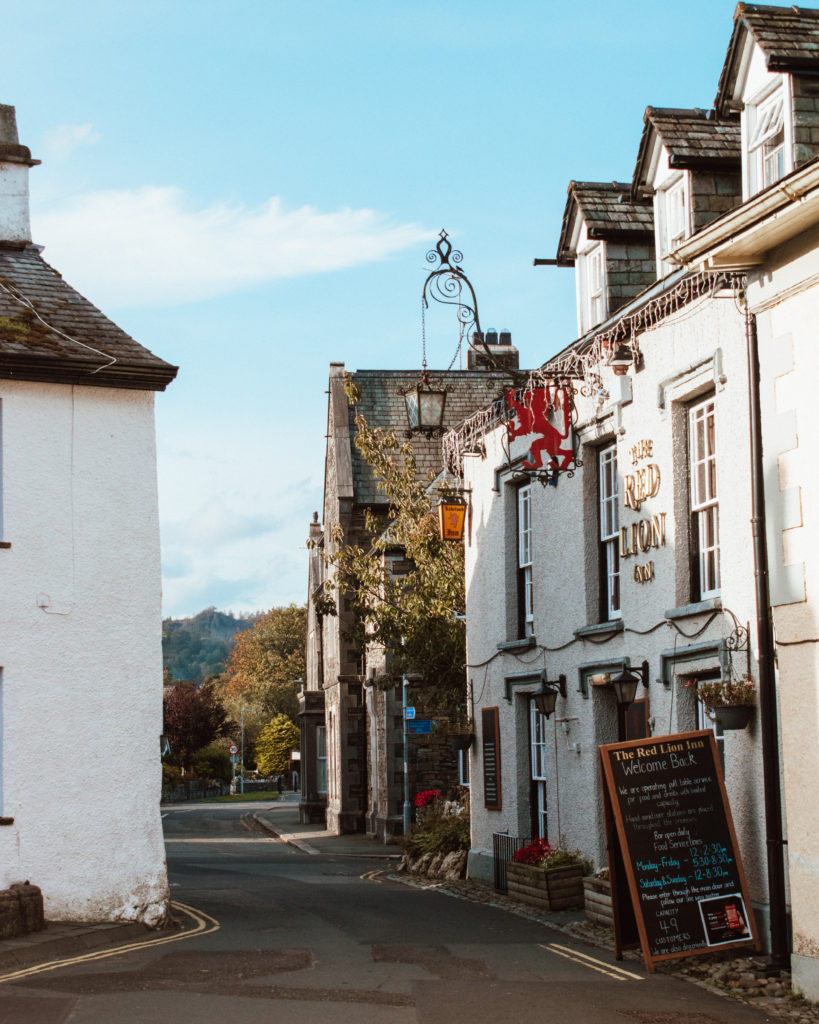 Whitewashed stone buildings in the Lake District town of Hawkshead