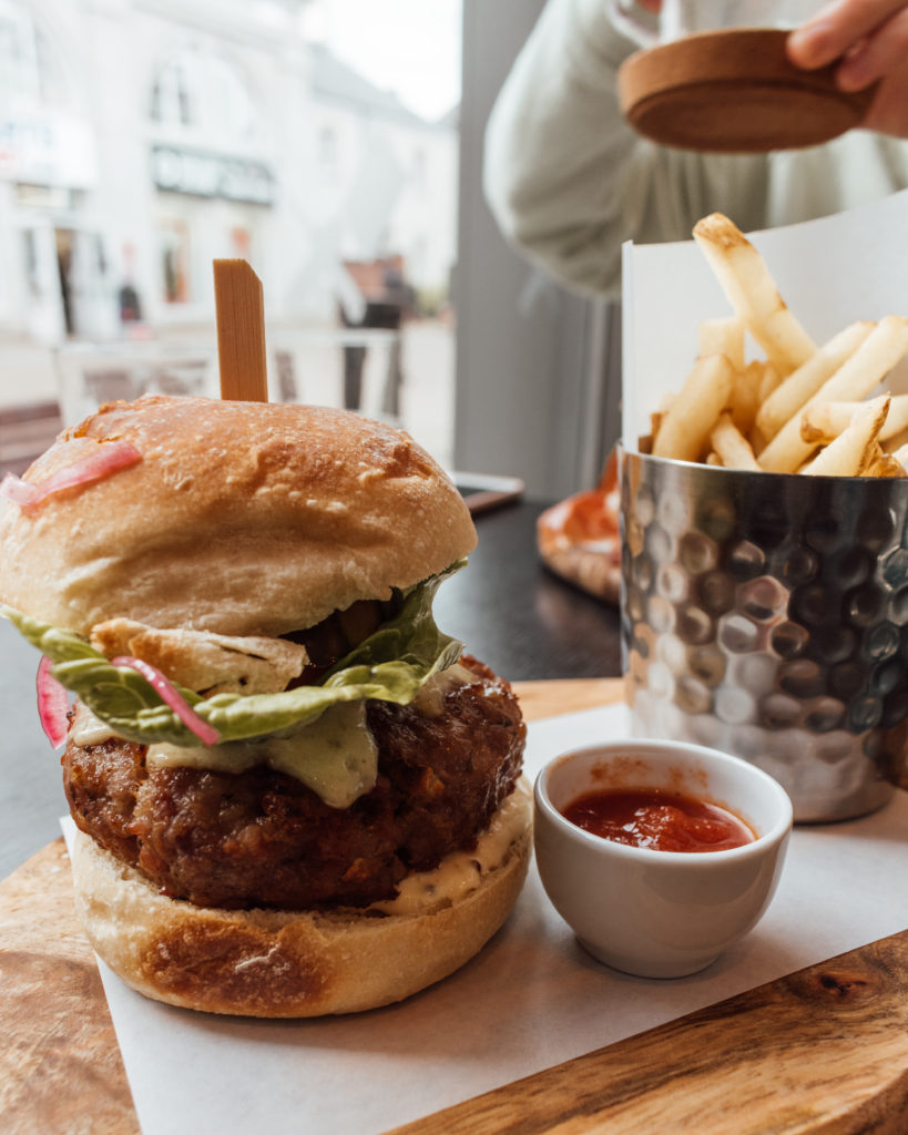 Tall burger and chips at The Chopping Block, Penrith