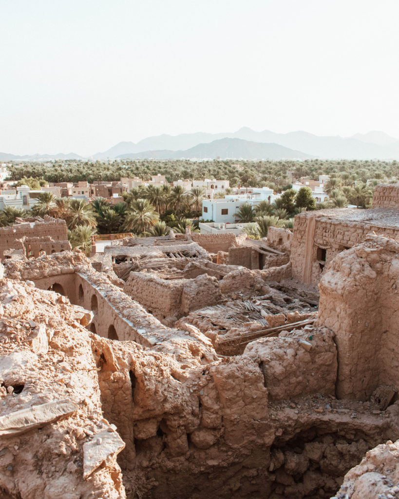 View over ruined buildings and date plantations at Birkat Al Mouz