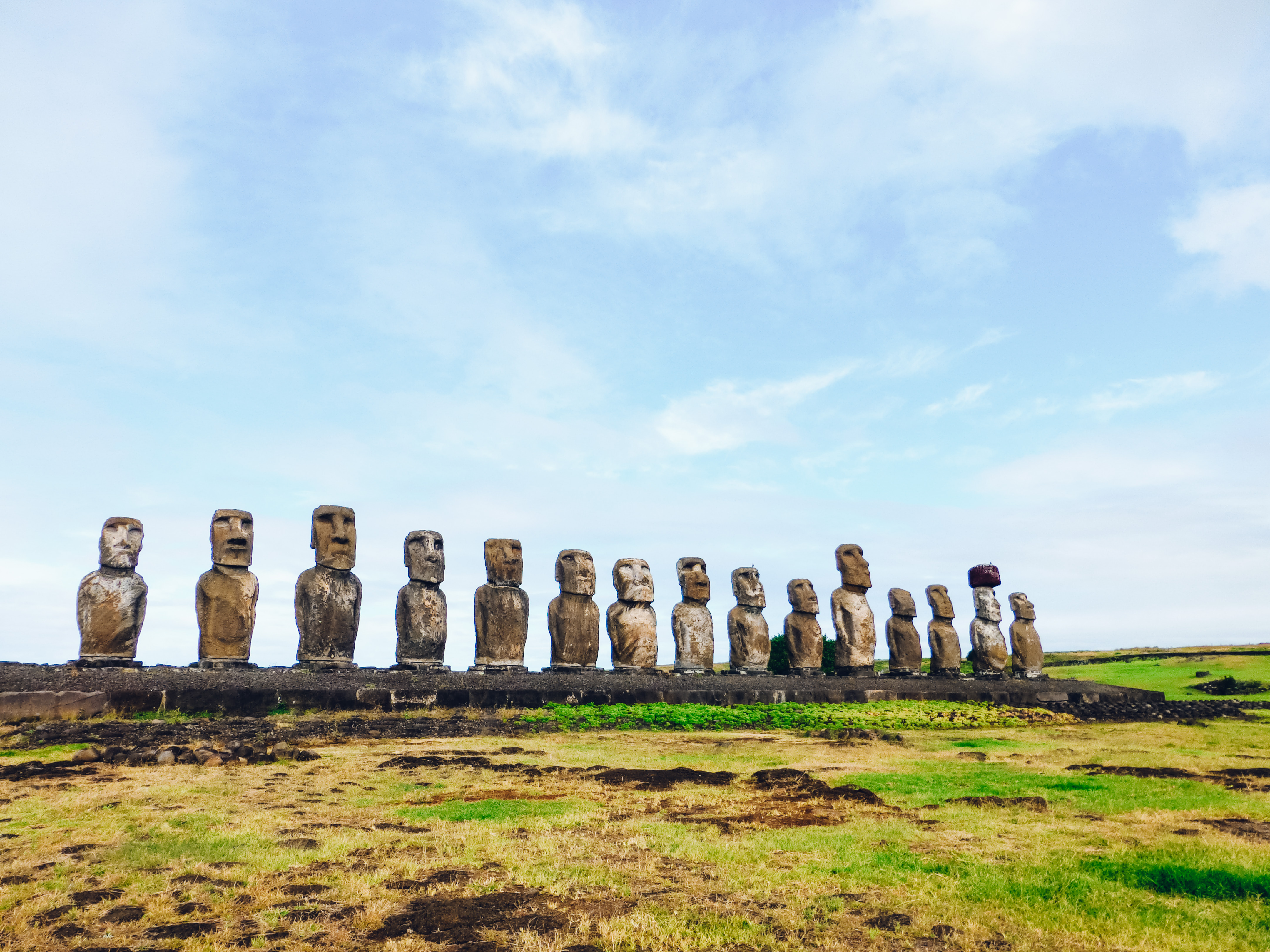 Easter Island's largest ahu - 15 stone moai in a row looking out over a field