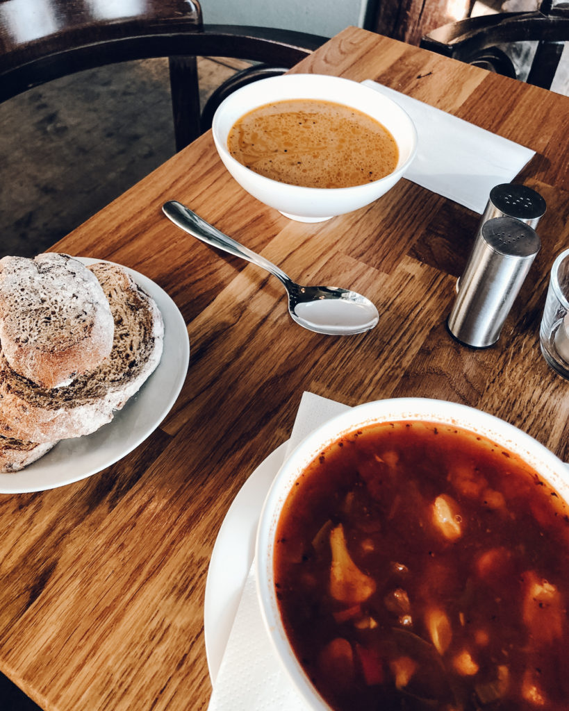 Lobster soup and homemade bread at Café Bryggjan, Grindavik, Iceland