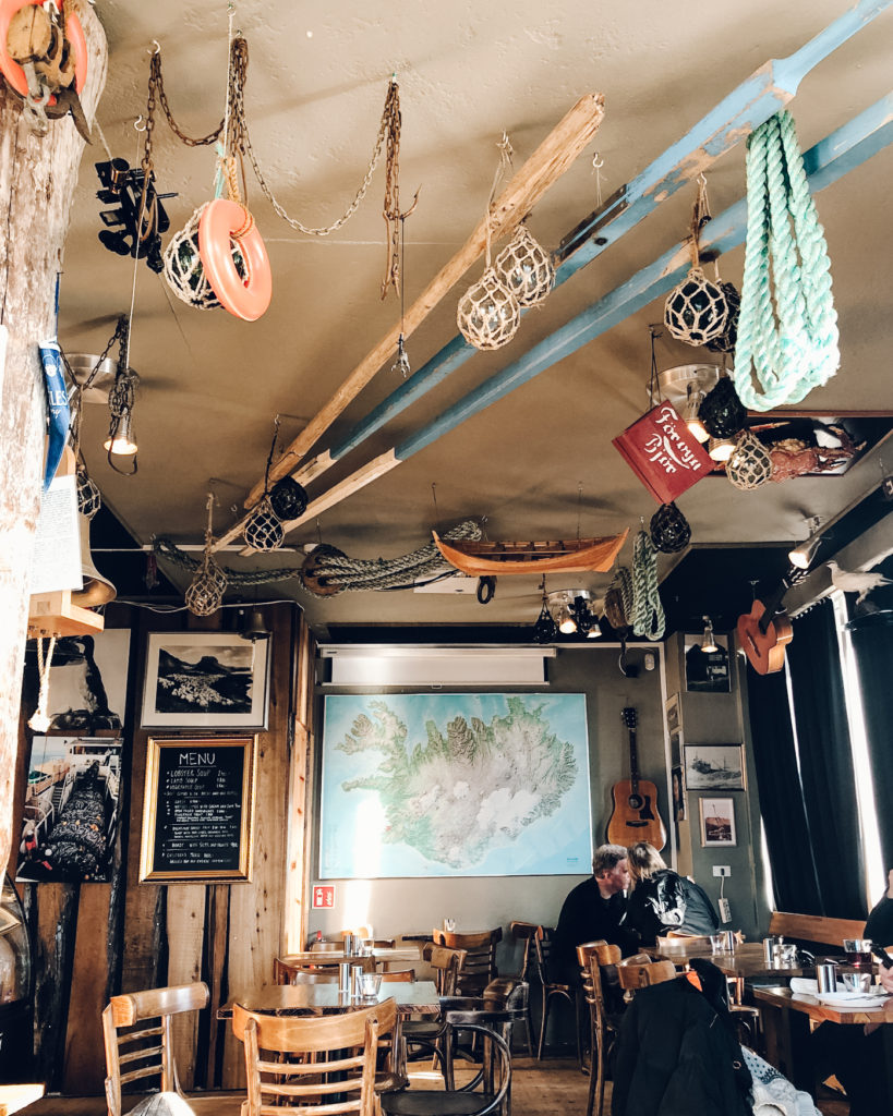 Fishing materials hanging from the ceiling of Cafe Bryggjan, Grindavik