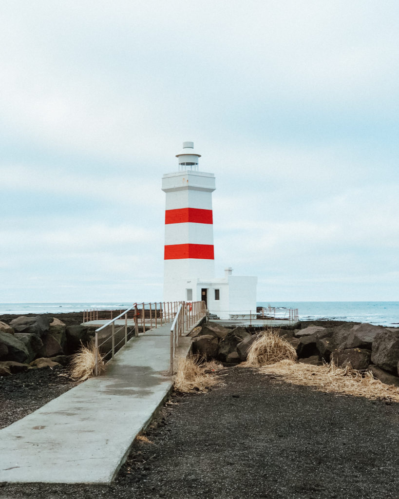 White and red square Garðskagi lighthouse