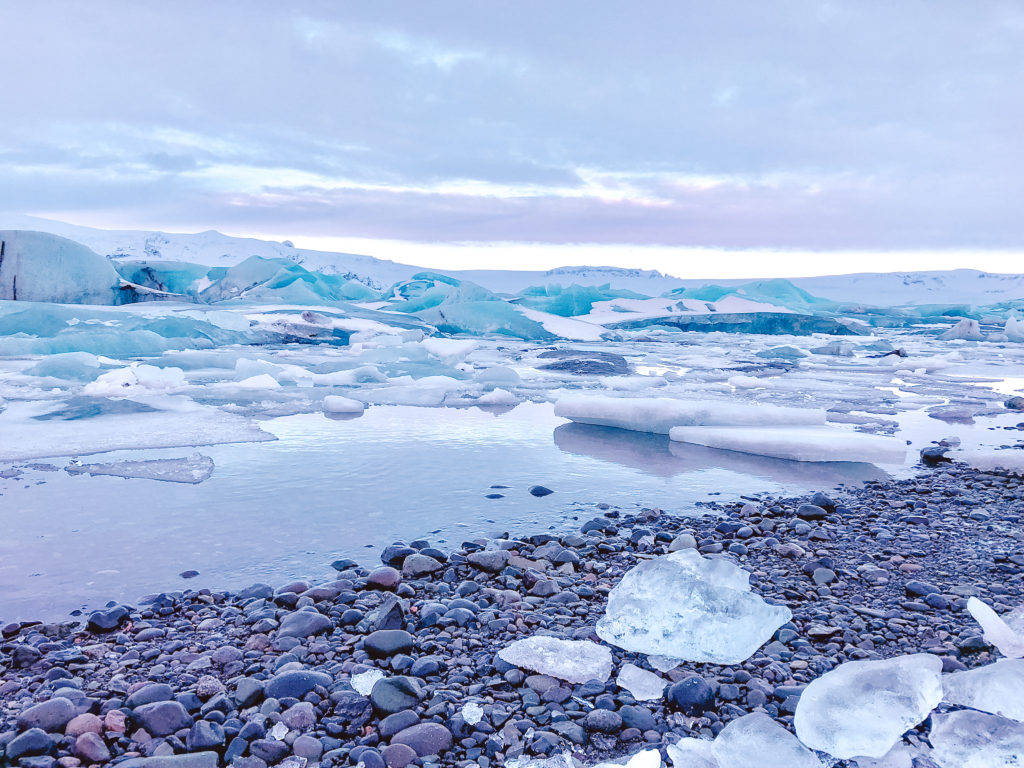 Sunrise over the icebergs at Jokulsarlon Glacier Lagoon