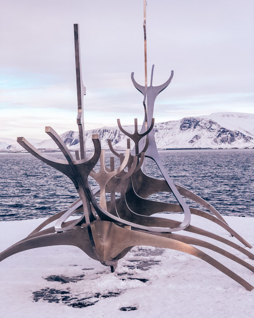 Reykjavik's Sun Voyager sculpture against pink dusk skies