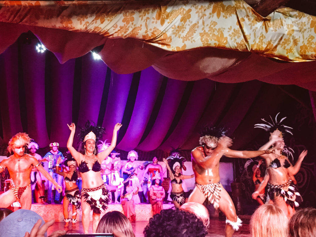 Dancers in traditional Rapa Nui dress as part of the Kari Kari dance show