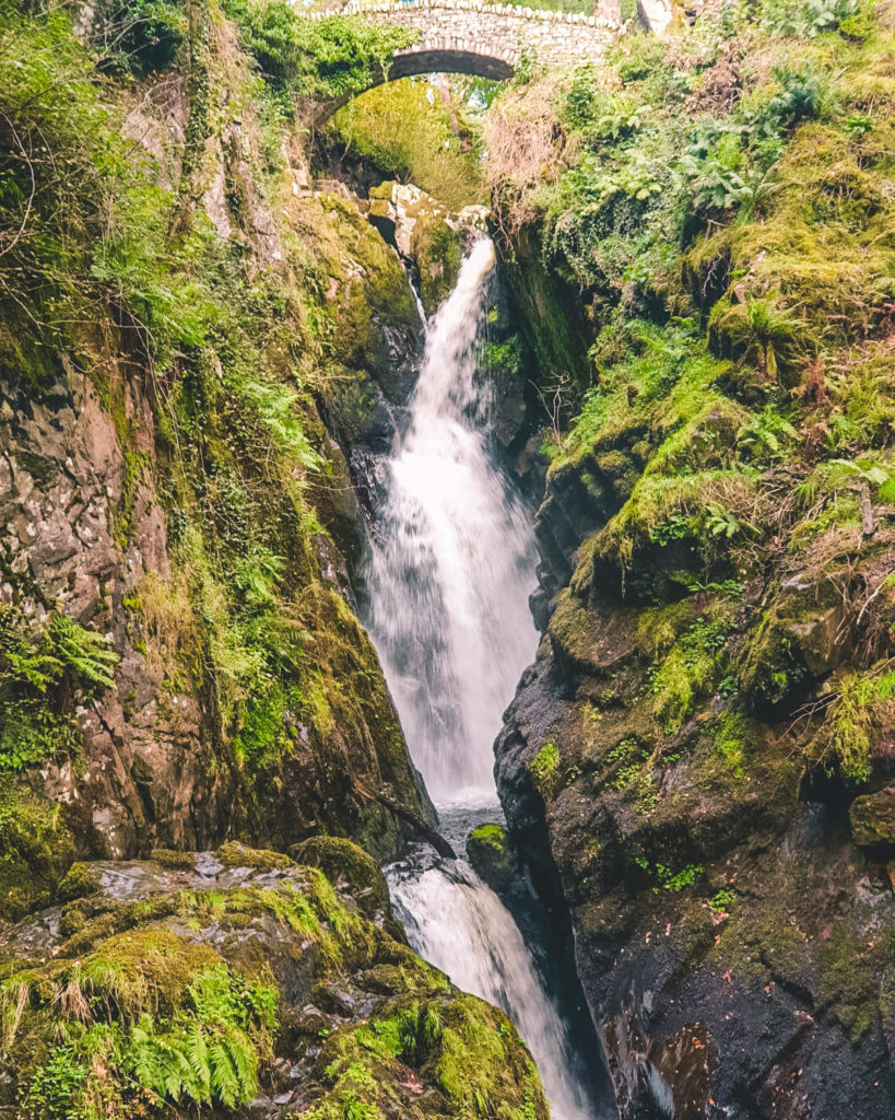 Aria Force Waterfall tumbling through fern covered rocks under a small arched stone bridge