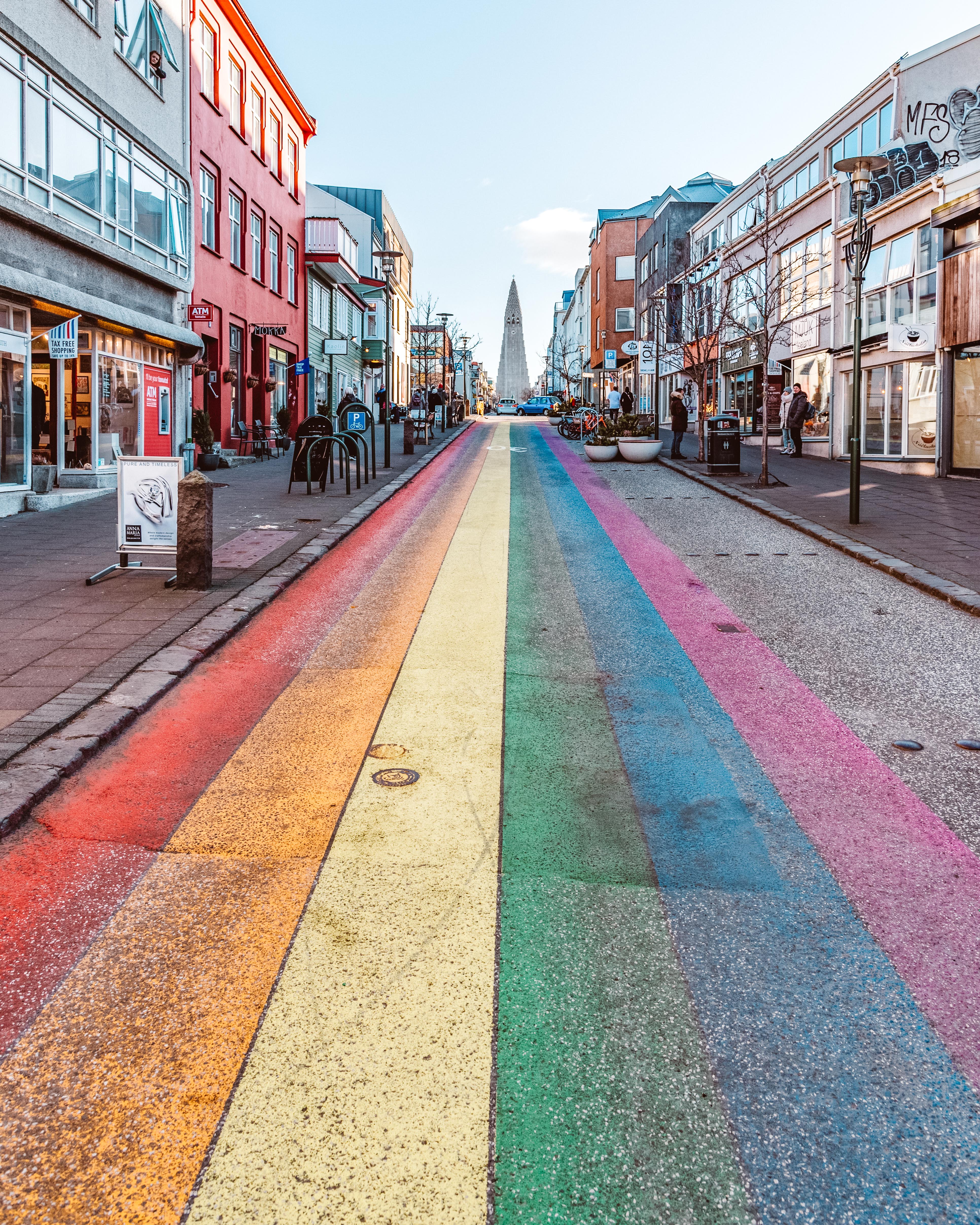 Rainbow painted along the road in Reykjavik