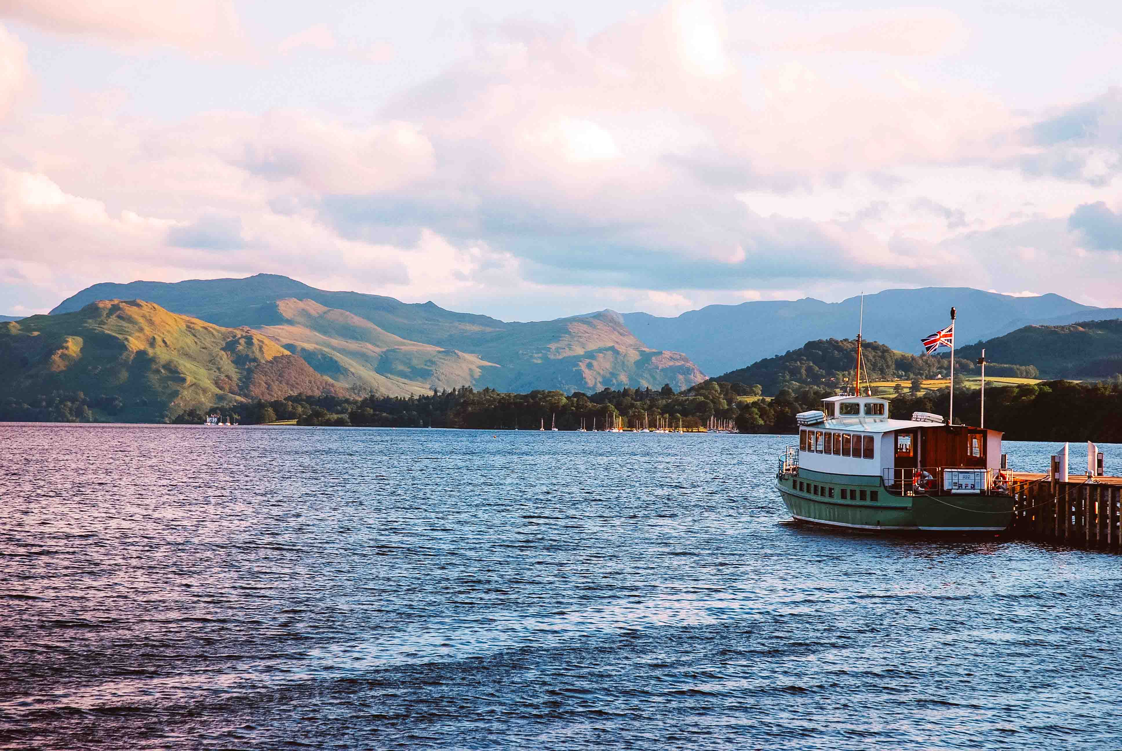 Pink clouds at dusk over Ullswater and the Ullswater Steamer