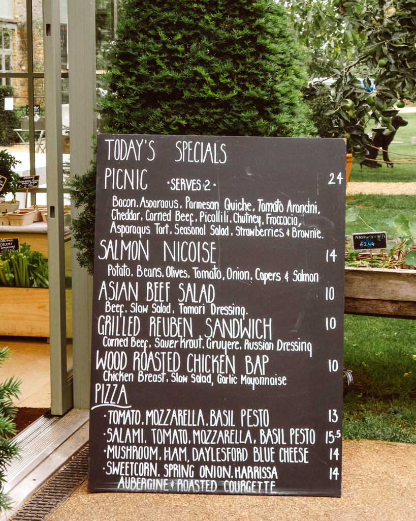 Black and white menu board at Daylesford Farm Shop.