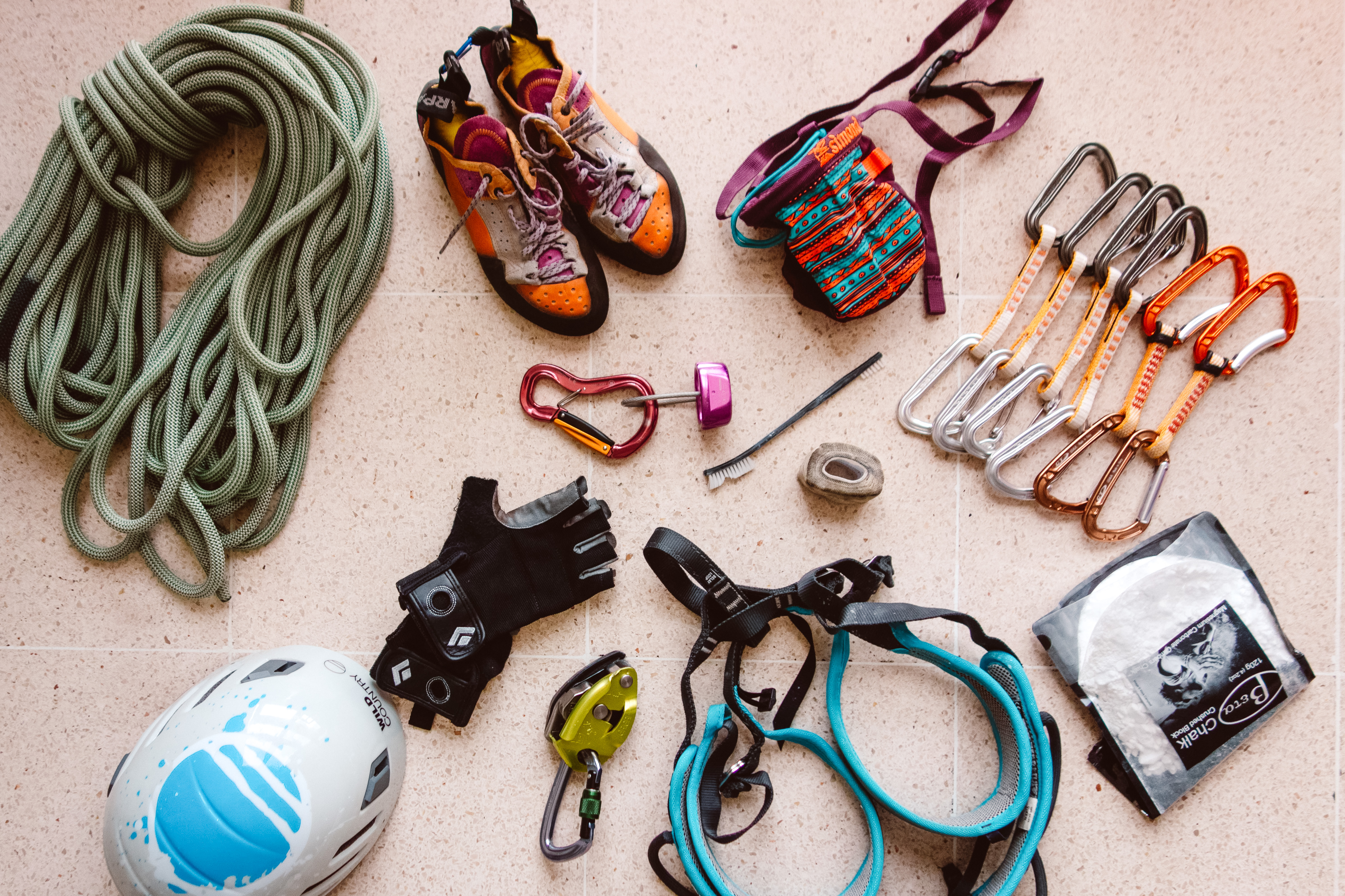 Sport climbing on the Costa Blanca - flat lay of climbing kit. 