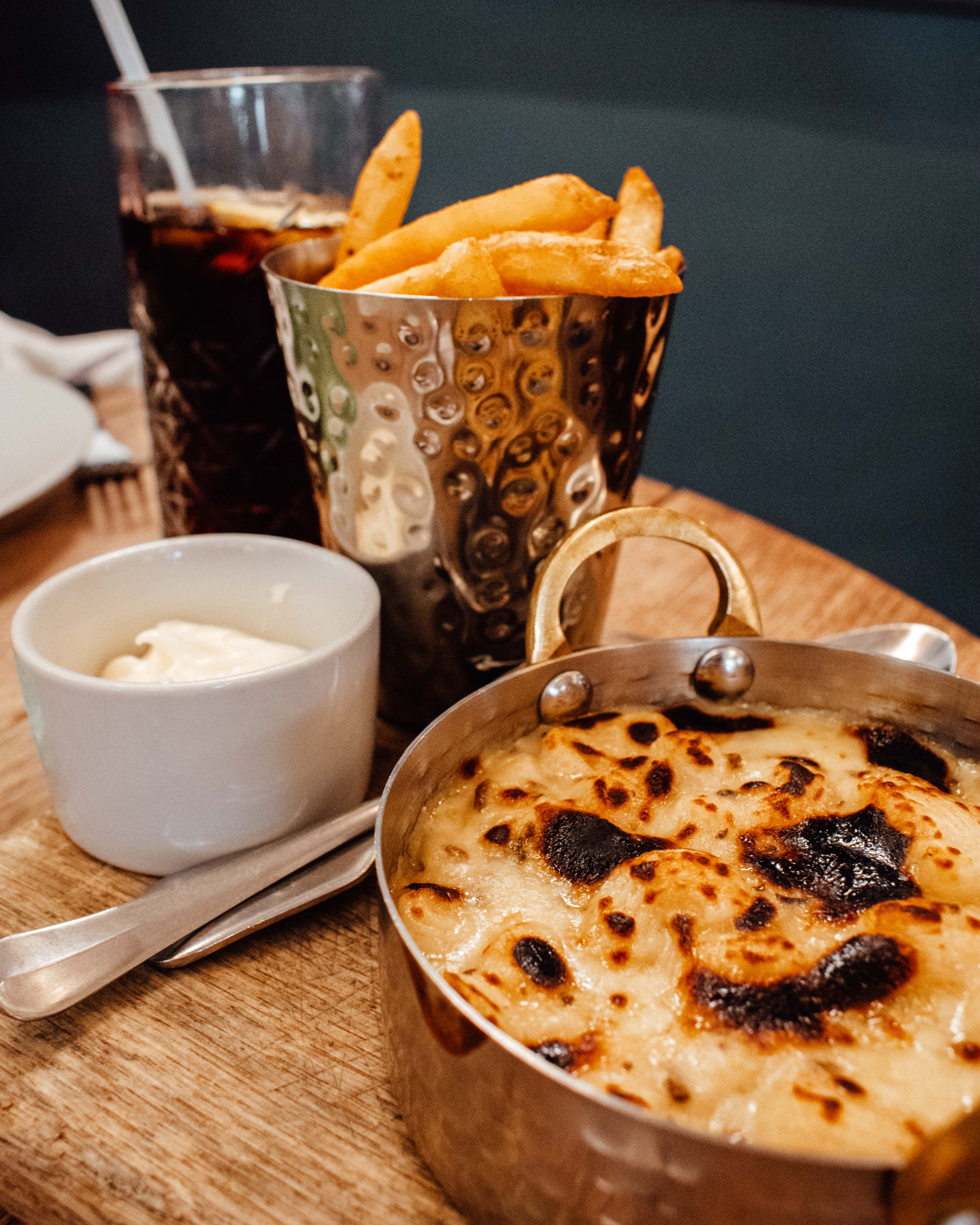 Silver dish of Mac and cheese at the Kingham Plough.