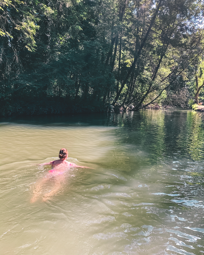 Woman in pink swimming costume swimming in the River Windrush in front of the ruins of Minster Lovell Hall.