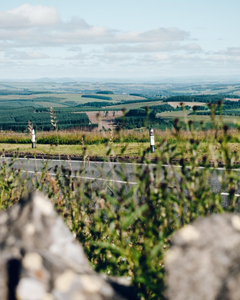 Views into Scotland and of the Cheviot Hills from Carter Bar in the Scottish Borders on a sunny day