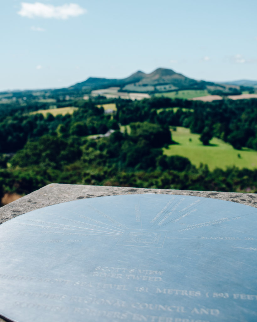 Information plaque at Scott's View in the Scottish Borders, showing the names of the surrounding hills