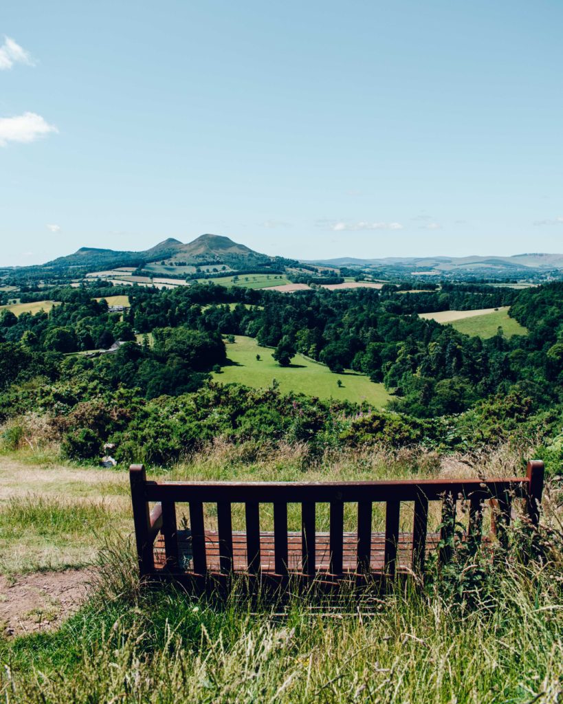 Scott's View: Wooden bench at the top of a hill with views out over The Scottish Borders