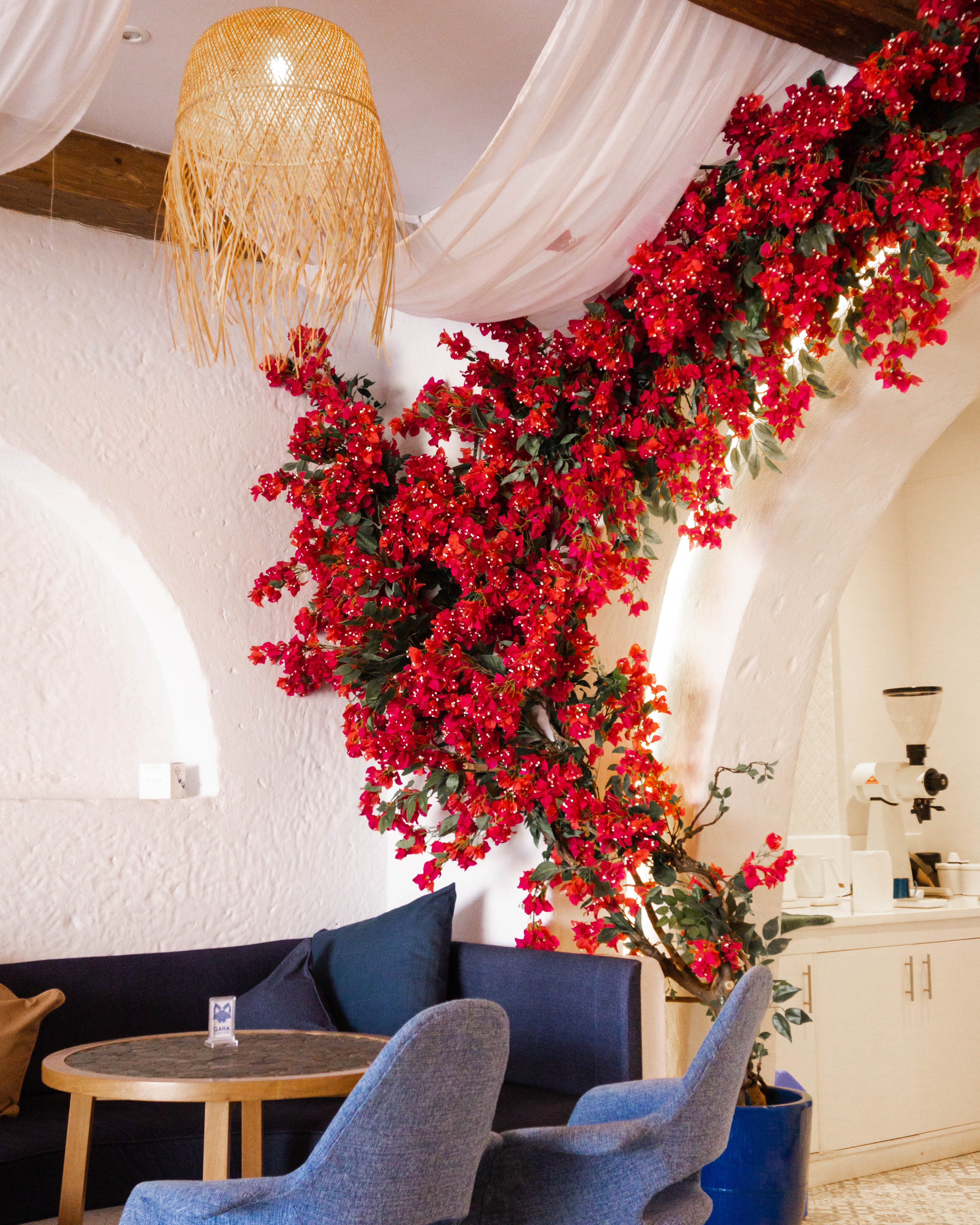 Flower covered interiors of Qaha coffee shop, Bowsher, Muscat