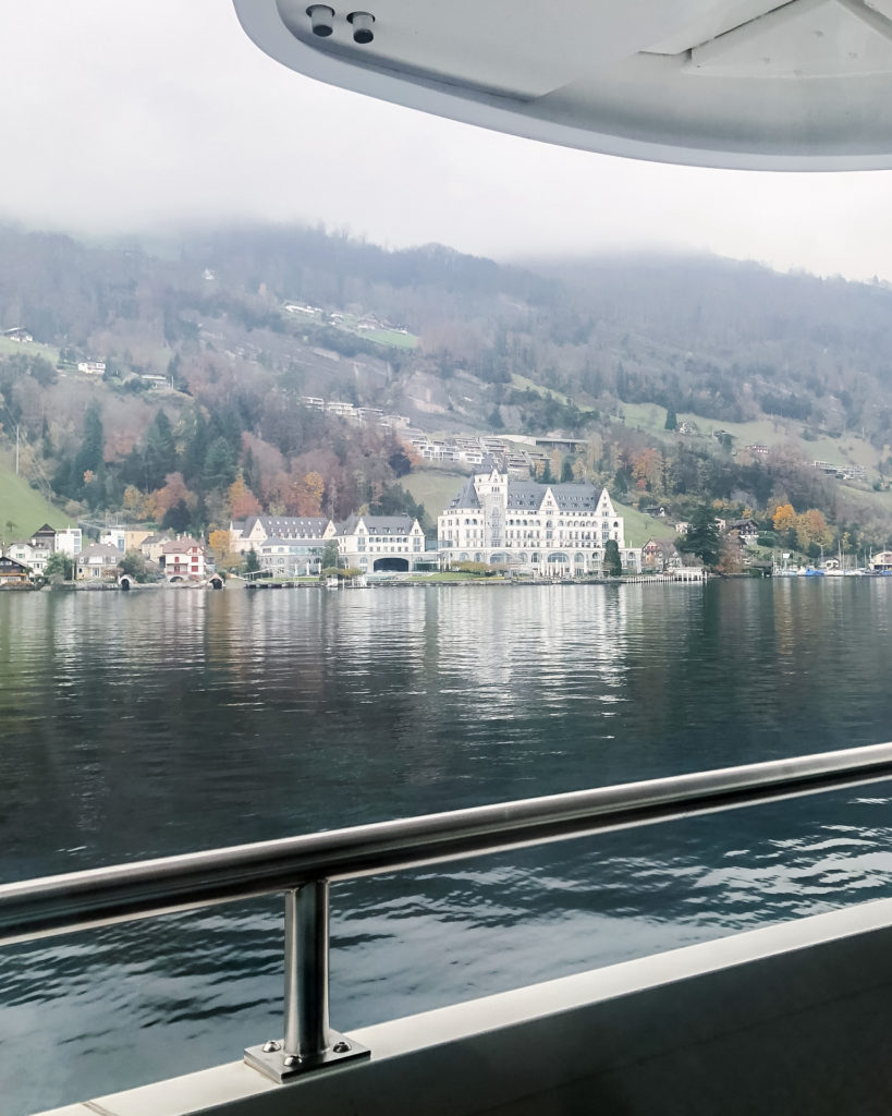 View of banks of Lake Lucerne in winter from ferry to Mount Rigi