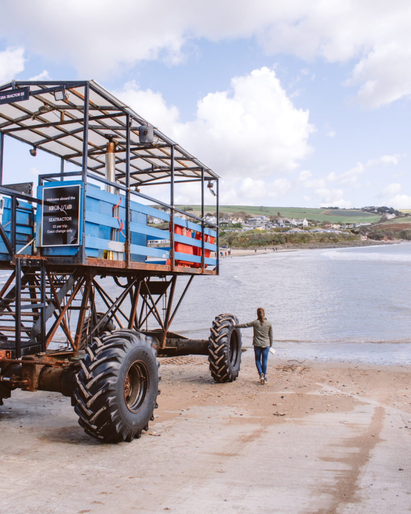 The Burgh Island sea tractor preparing to cross the tidal causeway in Devon