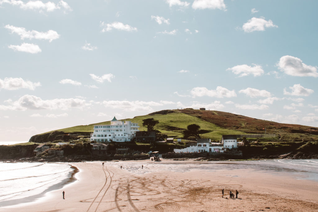 View across Bighbury-on-Sea towards Burgh Island Hotel