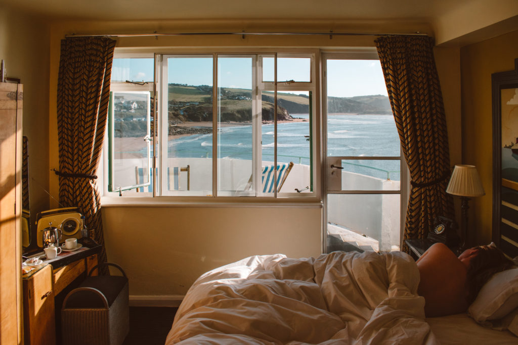 Luxury suite in Burgh Island Hotel with sea views across the tidal causeway