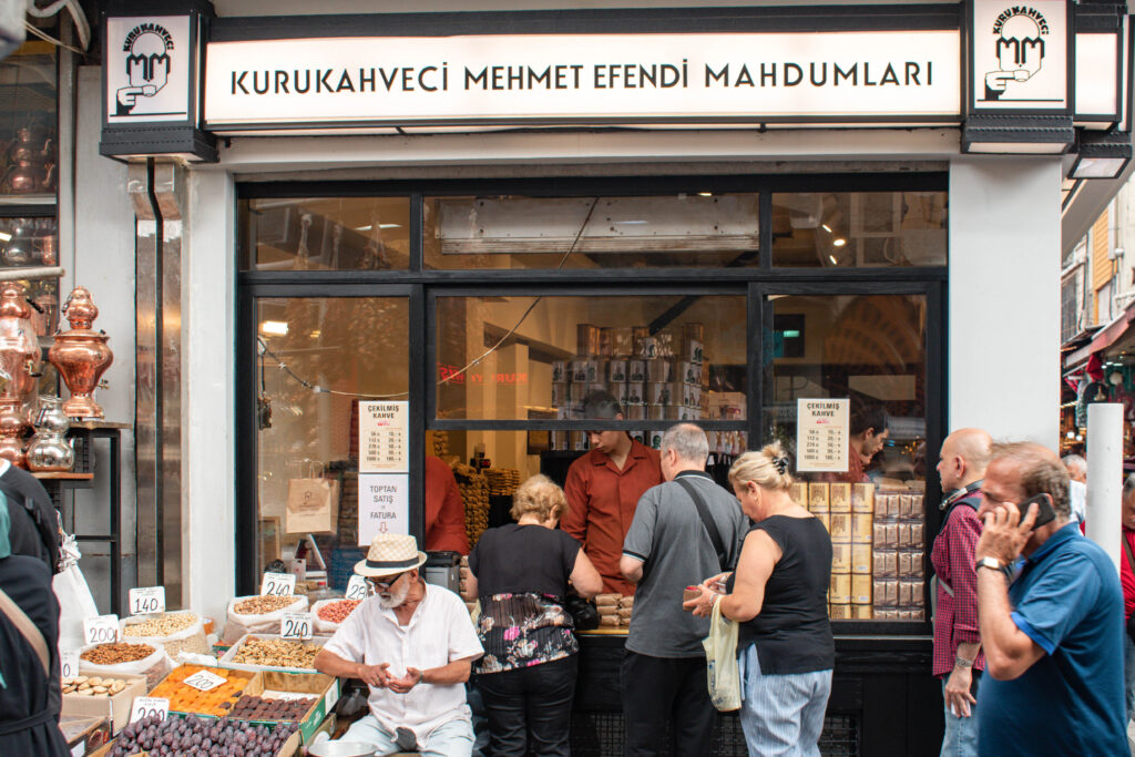 Customers queuing in front of Turkish coffee shop 