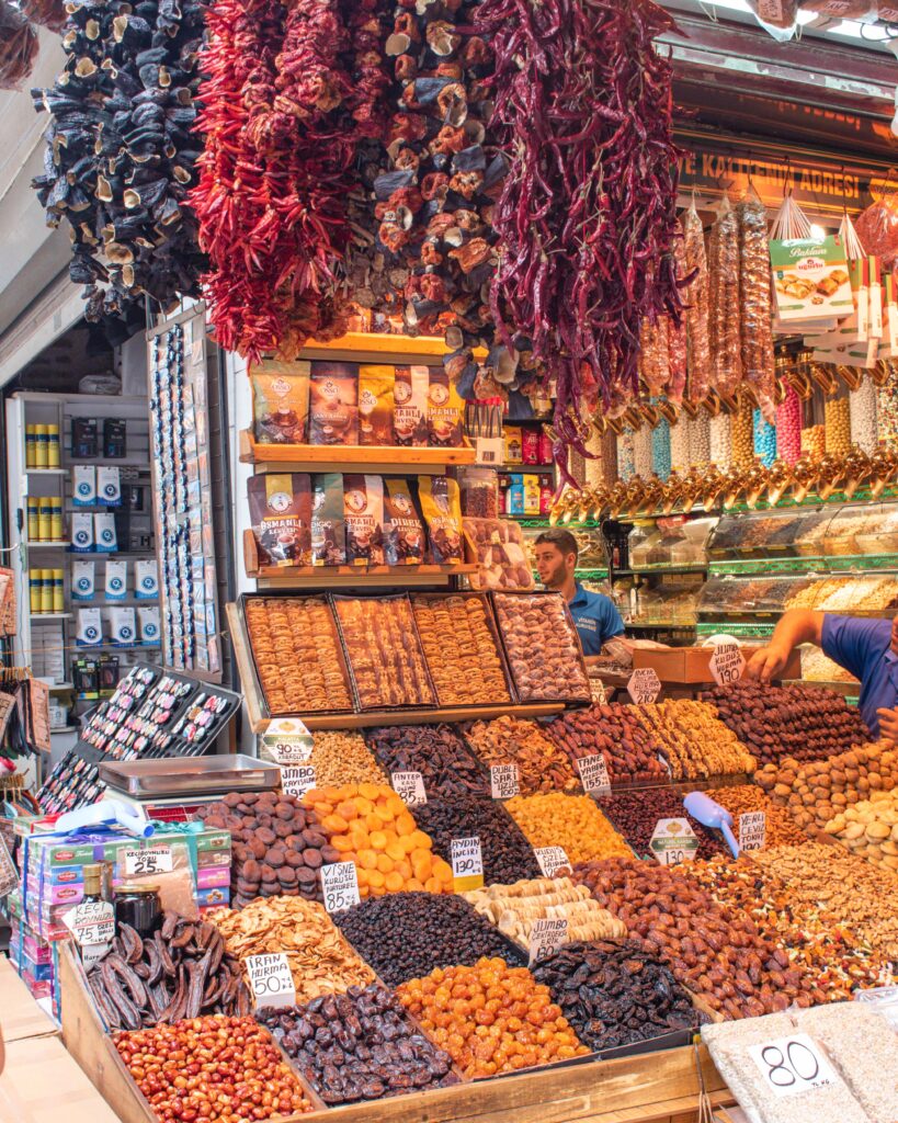 Spices, nuts and dried fruits on shelves outside a shop in the Grand Bazaar, Istanbul
