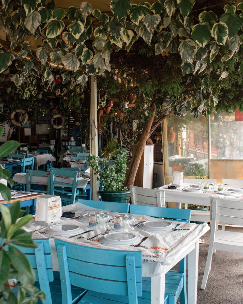 White tables and turquoise chairs under tree canopy of Akin Balik, fish restaurant in Istanbul