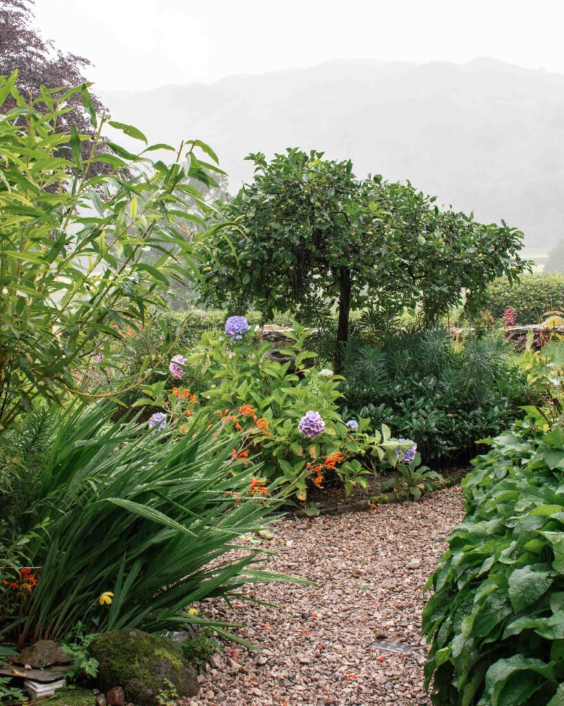 Gardens of The Lancrigg Hotel on a wet day in the Lake District