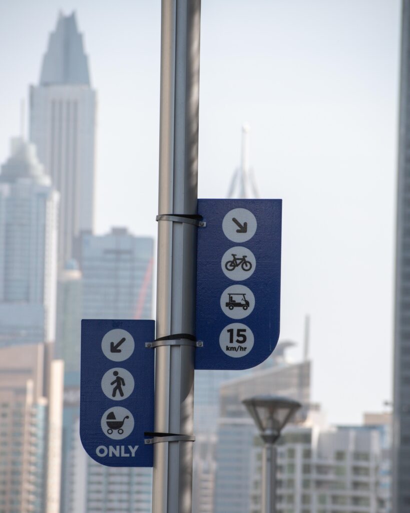 Transport signs on a lamppost in Dubai